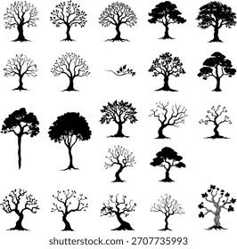 Collection of various stylized tree silhouettes on a white background great for artistic projects