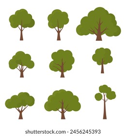 Una colección de varios árboles estilizados en diferentes Formas y tamaños, que representa una amplia gama de tipos de árboles y densidades de hojas para gráficos ambientales.