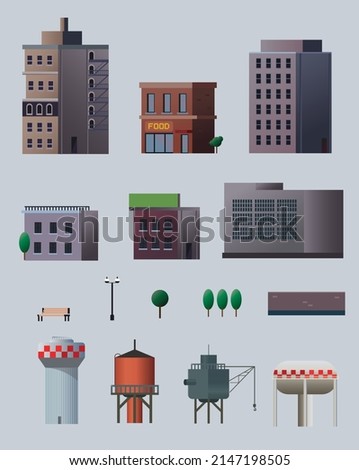 A collection of various stylized urban elements, including residential and commercial buildings, water towers, and street furniture, Vector illustration