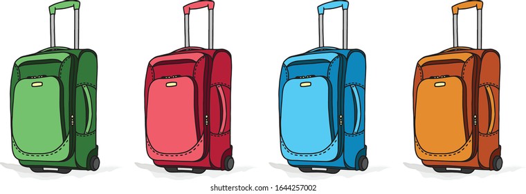 Colección de varias maletas con ruedas sobre fondo blanco para viajes de negocios y vacaciones.  
Equipaje de color plano sobre fondo transparente. Simple ilustración vectorial aislada.