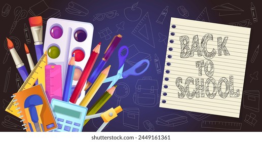 Collection of various supply. Set of color pencil, pen, brush, scissors, ruller, calculator, palette, notebook. Studying and learning. Back to school. Purple background. Vector illustration