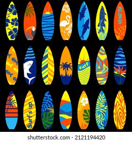 Collection of various surfboards. Bright prints for summer clothes.