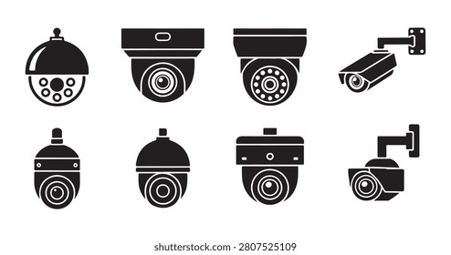 Collection of various surveillance camera icons including dome and bullet styles for professional security systems.