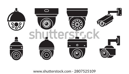 Collection of various surveillance camera icons including dome and bullet styles for professional security systems.