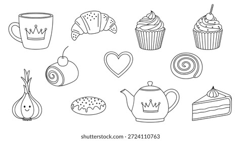Coleção de vários doces e itens de tempo de chá como cupcakes, croissants e um bule de chá em um estilo de arte de linha.
