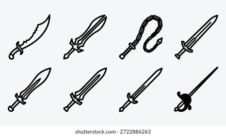 Colección de varias espadas y dagas con diferentes Formas y diseños estilos antiguos y modernos varios usos