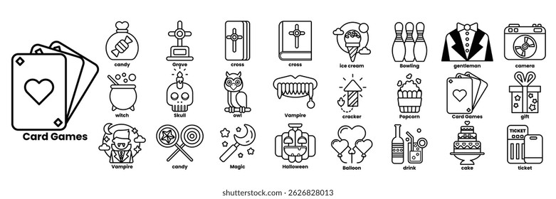 A collection of various symbols and icons, including a heart, a book, a cross, a bottle, a bowl, a cup, a knife, a knife, a bowl, a cup, a knife, a bowl, a cup, a knife in line drawing style