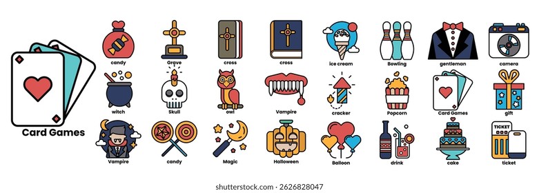 A collection of various symbols and icons, including a heart, a book, a cross, a bottle, a bowl, a cup, a knife, a knife, a bowl, a cup, a knife, a bowl, a cup, a knife