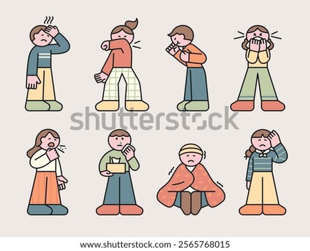 A collection of various symptoms of people with the flu or cold. Cuttiny character with outline.