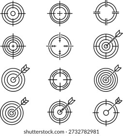 Collection of various target icons with and without arrows hitting bullseye precision aiming symbols