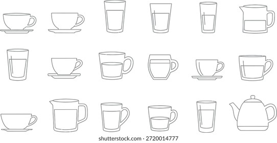 Collection of various tea cups and mugs in simple line art style