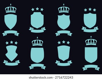 Collection of various teal colored shield and crown emblem designs with decorative banners