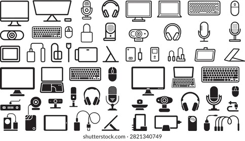 Collection of various technology devices and accessories including monitors keyboards microphones headphones webcams laptops tablets smartphones and other peripherals in black outline style atop a white background
