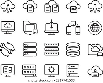Collection of various technology icons depicting cloud computing and data storage solutions