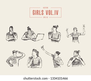 Collection of various teenage girls emotions and poses. Hand drawn vector illustration, sketch