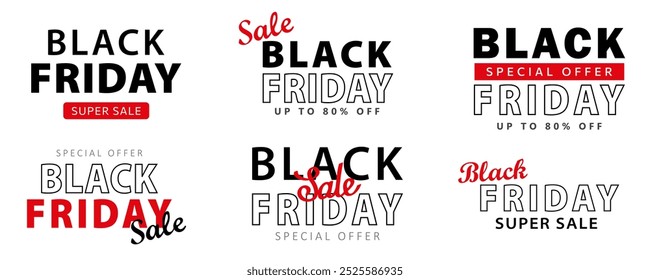 Collection of various texts for Black Friday event in black and red isolated on white background. Vector typography design - SALE, Special offer, up to 80% off, shop now, best price, etc.