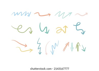 Collection of various textured arrows. Doodle colorful cartoon elements, direction pointers. Modern hand drawn groovy drawing, abstract art. Vector illustration.	
