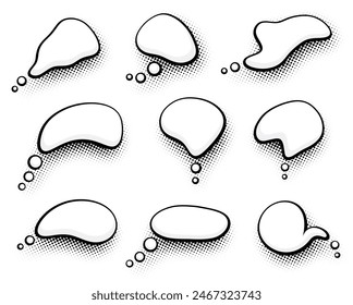 A collection of various thought bubbles in a comic style, each with a unique shape and halftone effect. Ideal for adding custom messages in creative and retro design projects.