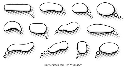 A collection of various thought bubbles in a comic style, each with a unique shape and halftone effect. Ideal for adding custom messages in creative and retro design projects.