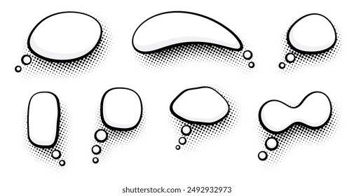 A collection of various thought bubbles in a comic style, each with a unique shape and halftone effect. Ideal for adding custom messages in creative and retro design projects.