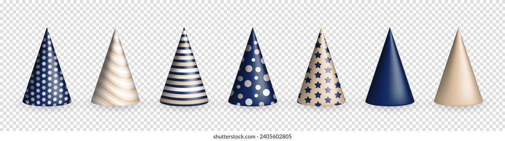 Colección de varios sombreros tridimensionales realistas de color azul oscuro y beige de cumpleaños o gorras de papel de fiesta en forma de cono con patrón. 3ᵉʳ clip de sombreros de fiesta para el evento de celebración, aniversario