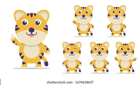 collection of various tiger or cat facial expressions. Cute tiger or cat characters. flat design