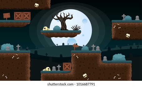 Collection of various tiles and objects with scary graveyard theme for creating Halloween and horror games