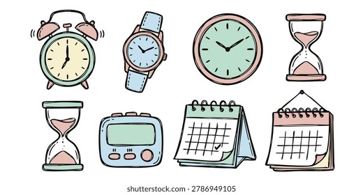 A collection of various timekeeping devices on a white background including clocks and calendars