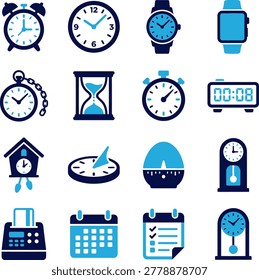 Collection of Various Timekeeping Devices and Tools Featuring Clocks Watches and Schedules in Minimalist Design