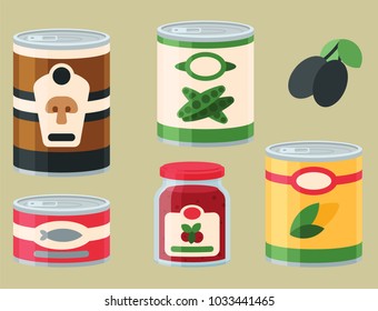 Collection of various tins canned goods food metal and glass container vector illustration.