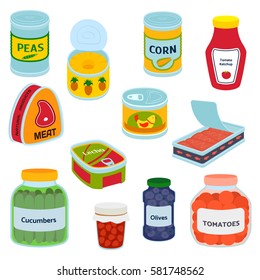 Collection of various tins canned goods food metal container grocery store and product, storage, aluminum flat label conserve vector illustration.