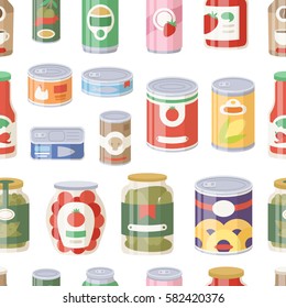 Collection of various tins canned goods food metal container grocery store and product seamless pattern storage canned aluminum flat label conserve vector illustration.