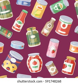 Collection of various tins canned goods food metal container grocery store and product seamless pattern storage canned aluminum flat label conserve vector illustration.