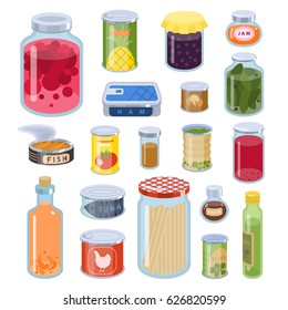 Collection of various tins canned goods food metal and glass container vector illustration.