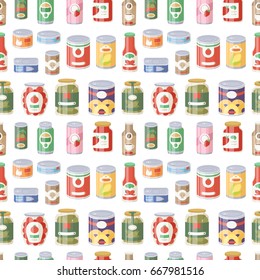 Collection of various tins canned goods food metal container product seamless pattern vector illustration.