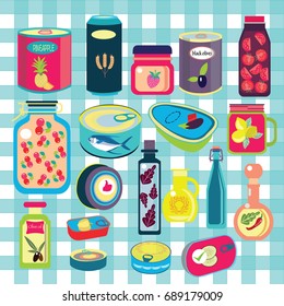 collection of various tins canned goods food metal container grocery store and product storage