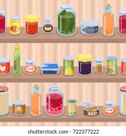 Collection of various tins canned goods food metal container product on shop shelf vector illustration.