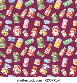 Collection of various tins canned goods food metal container seamless pattern background