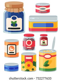 Collection of various tins canned goods food metal and glass container vector illustration.