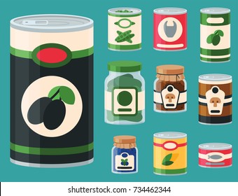 Collection of various tins canned goods food metal and glass container vector illustration.