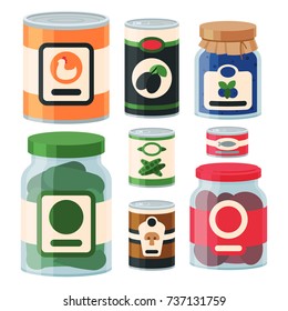 Collection of various tins canned goods food metal and glass container vector illustration.