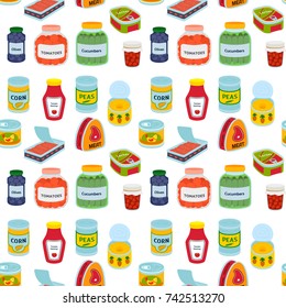 Collection of various tins canned goods food metal container product seamless pattern vector illustration.