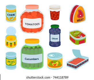 Collection of various tins canned goods food metal container product vector illustration.