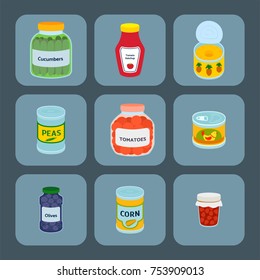 Collection of various tins canned goods food metal container grocery store and product storage aluminum flat label conserve vector illustration. Meal steel cylinder nutrition.