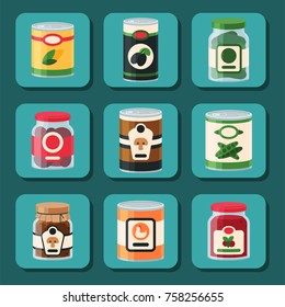 Collection of various tins canned goods food metal and glass container vector illustration.