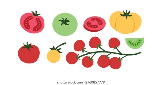 Collection of various tomatoes in a flat doodle style, isolated on a white background. Set includes red cherry tomatoes on a vine, yellow heirloom, green tomato slices, and halved red tomatoes. Vibrant vector illustration perfect for recipe cards, kitchen decor, organic market branding, and healthy food blogs.