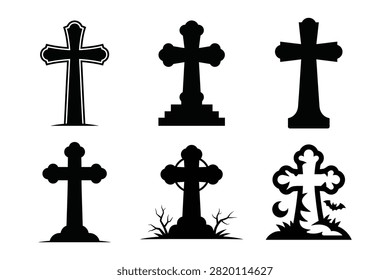 Collection of various tombstone cross silhouettes, graveyard markers, and cemetery headstones for Halloween design, isolated on a white background.