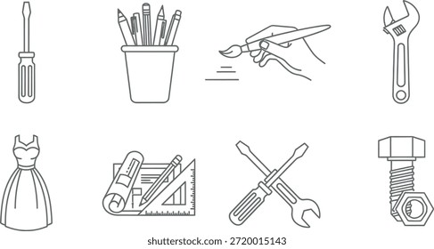 Colección de diversas herramientas y equipos para la elaboración y reparación