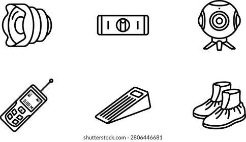 A collection of various tools and equipment including a camera lens a spirit level a three hundred sixty degree camera a remote control a door wedge and shoe covers