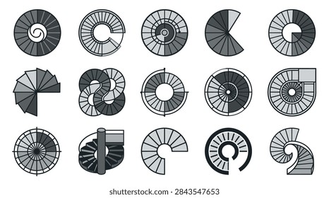 A collection of various top down views of spiral staircase designs and architectural elements.
